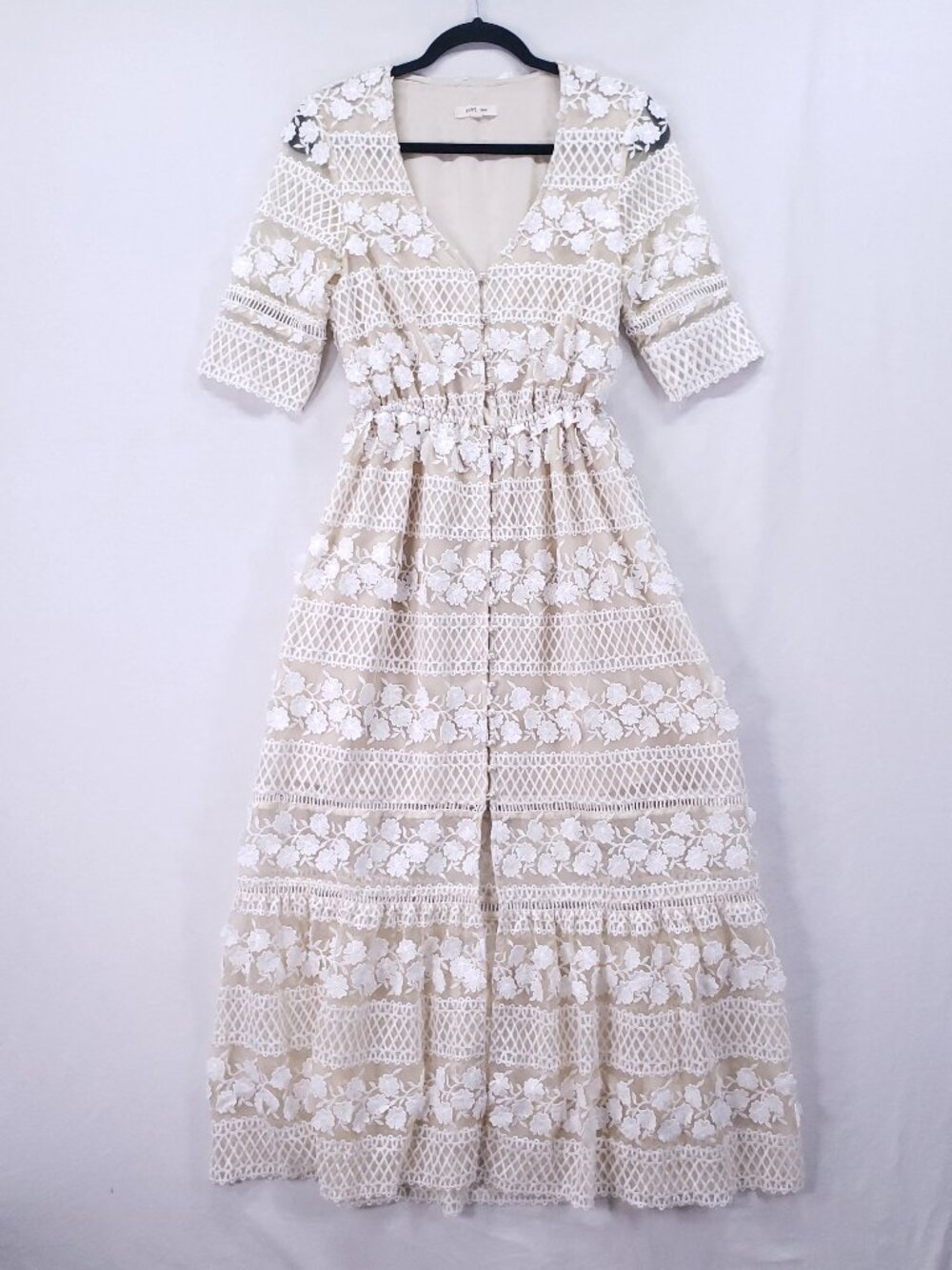 Just Me Maxi Dress Sz S Beige White Floral Lace Overlay Button Cottagecore Boho